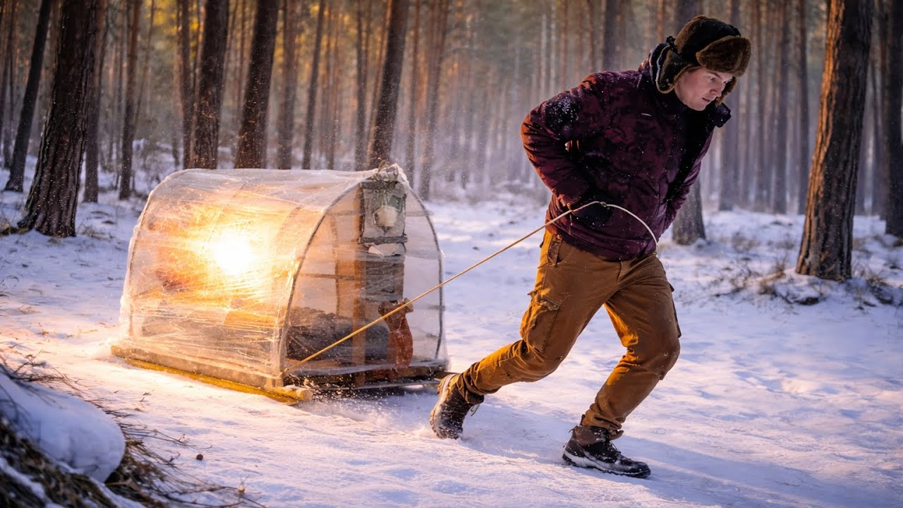 SURVIVE and BUILD a SLED shelter in the freezing. Alone in the forest