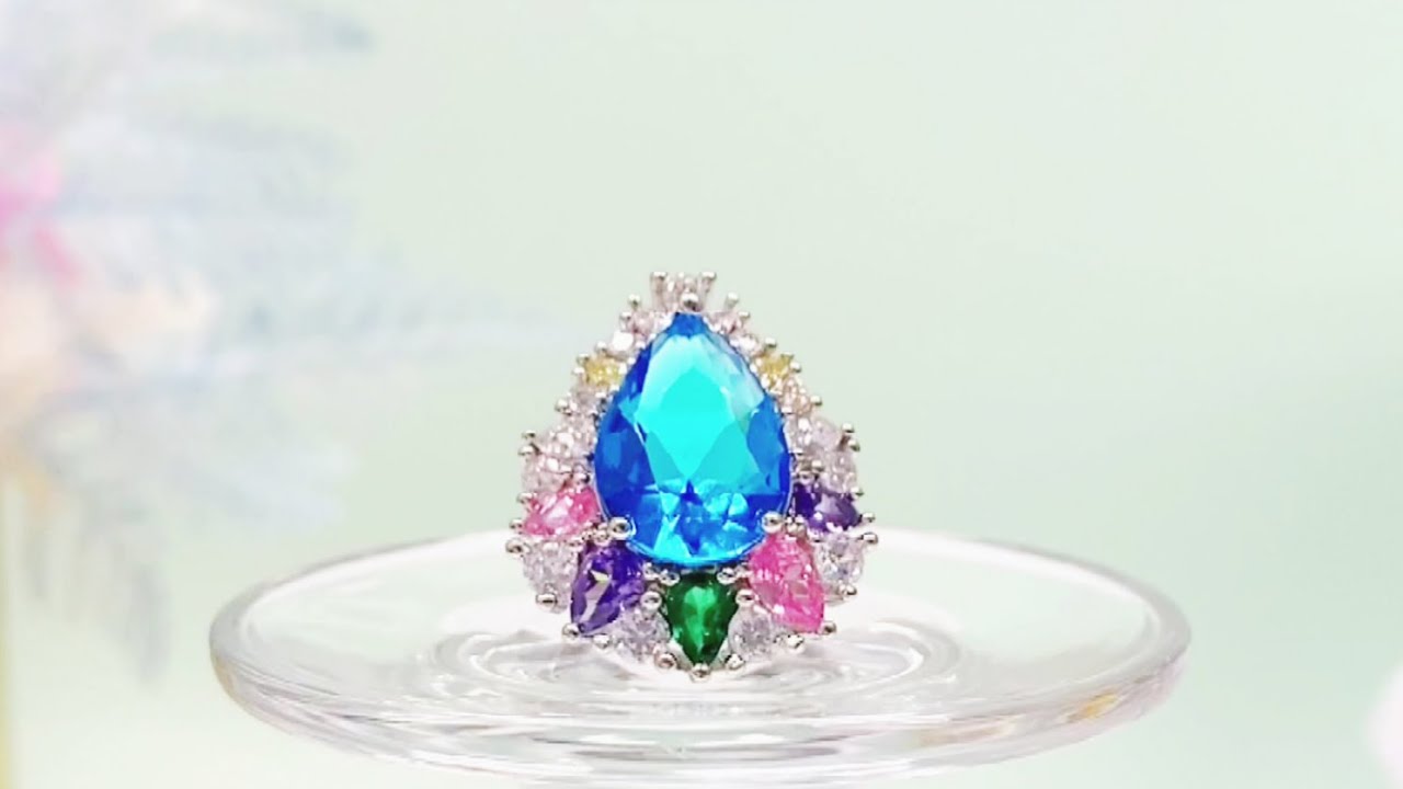 Oil Painting Sea Blue Pear Shaped Gem Open Ring - Monarjew