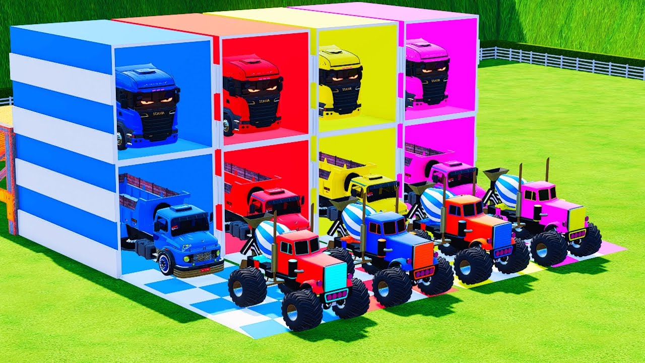 Garage With Colors - ALL MIXER TRUCK WITH DOUBLE FLATBED TRAILER TRUCK, HINO, MERCEDES, MAN #24 FS22