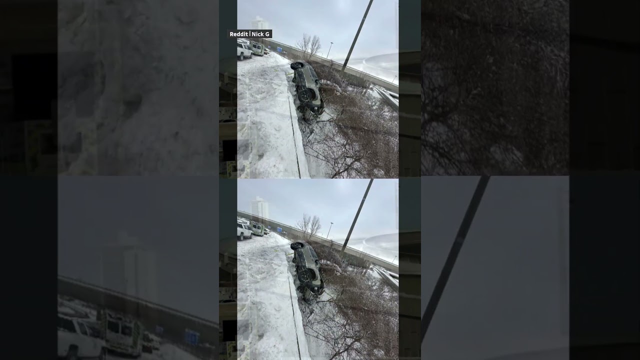Video shows car flying off overpass onto Highway 401