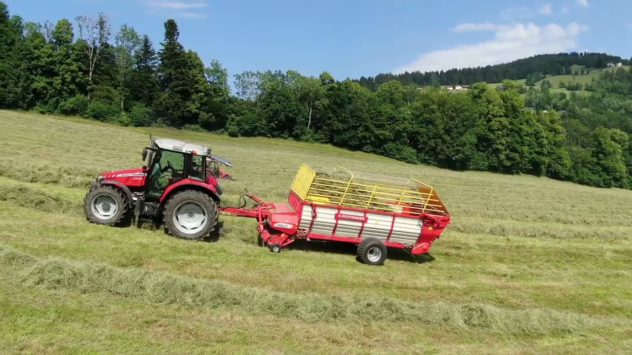 Heuernte am Hang mit MF, Lindner Krone, Pöttinger, Eigenbau Güllefass, Bauer V63 | Alpen Weidetiere