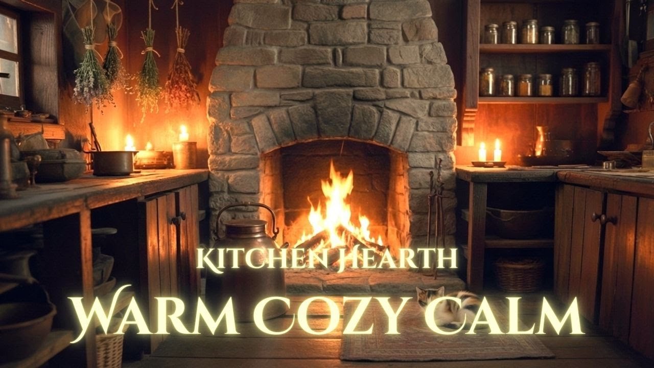 Kitchen Hearth at Night | Cozy Witch Cottage Firelight Ambience