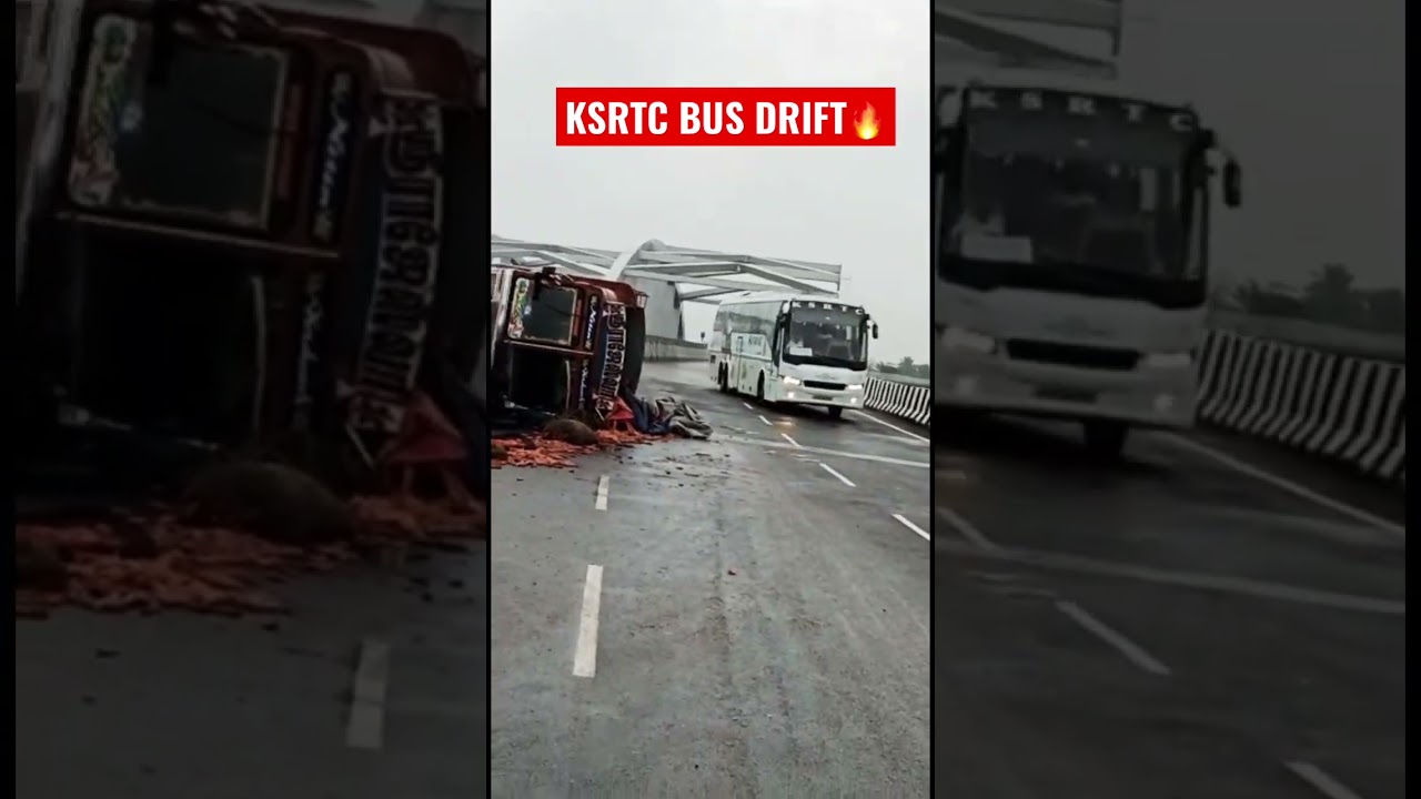 KSRTC BUs Drifting on wet road😱 #drift #bus #accident #truck #india #road #miss #escape #lucky #fun