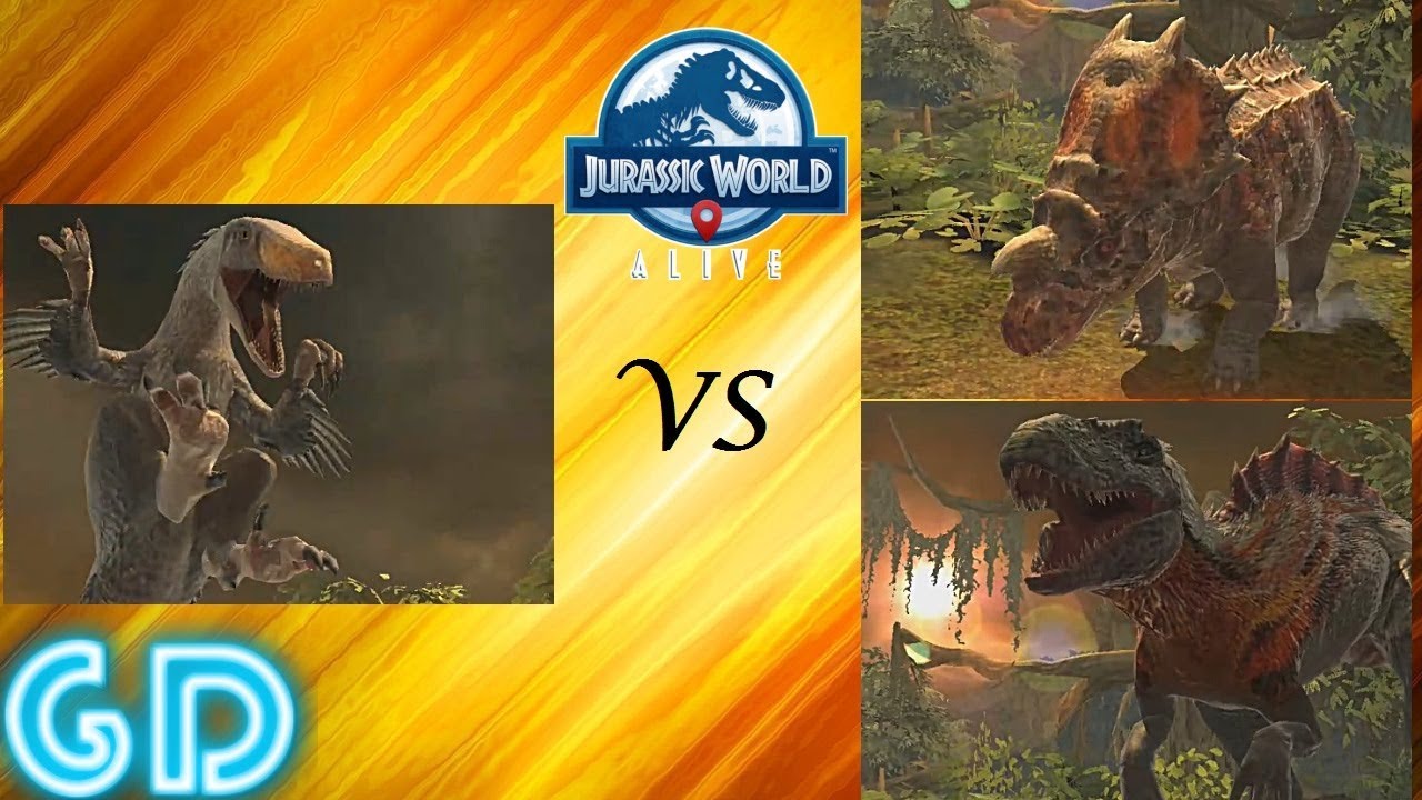 Jurassic World Alive - Utahraptor vs Einiasuchus + Spinotahraptor