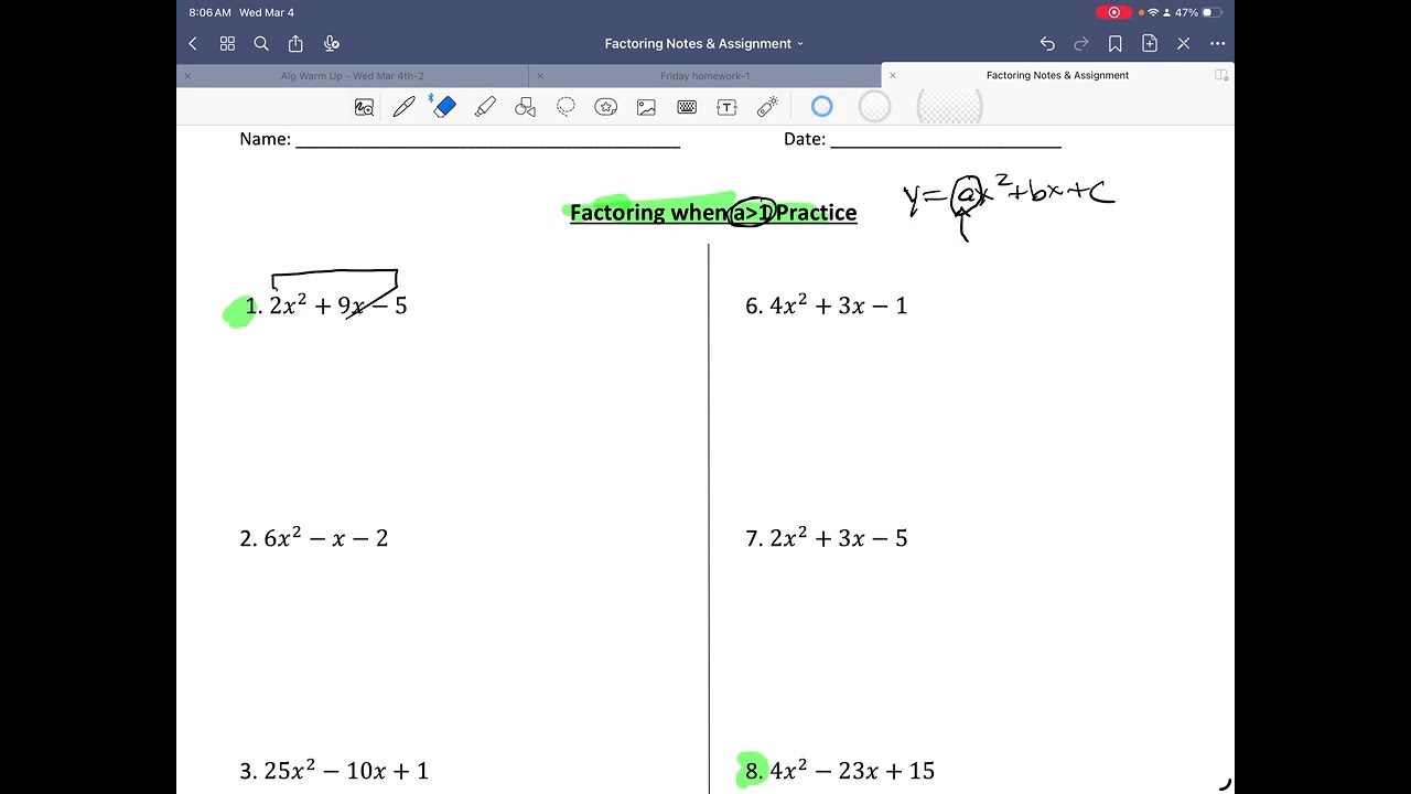 Algebra I - Class Video & Notes (Wednesday, March 4th)