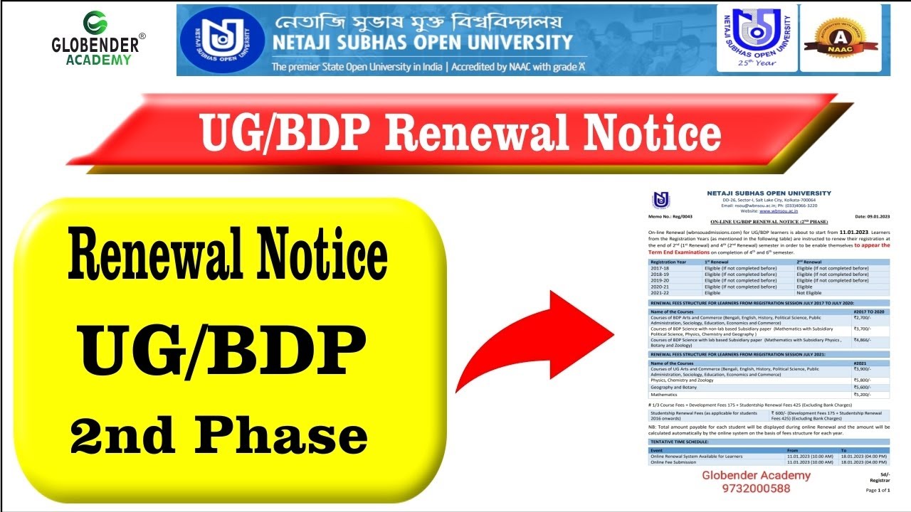 NSOU UG BDP RENEWAL NOTICE 2nd Phase UG BDP UPDATE Netaji Subhas Open University Studentship Fees
