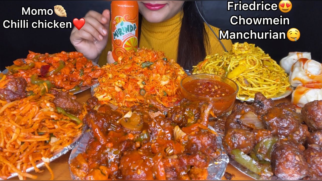 ASMR SPICY CHICKEN FRIEDRICE,MANCHURIAN,MOMO,CHOWMEIN,CHILLI CHICKEN,CHICKEN LOLLIPOP *FOOD EATING*