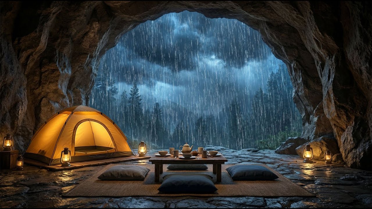 🔴 LIVE Heavy Rain Sounds 🌧️ Forest Cave Ambience for Deep Sleep All Night