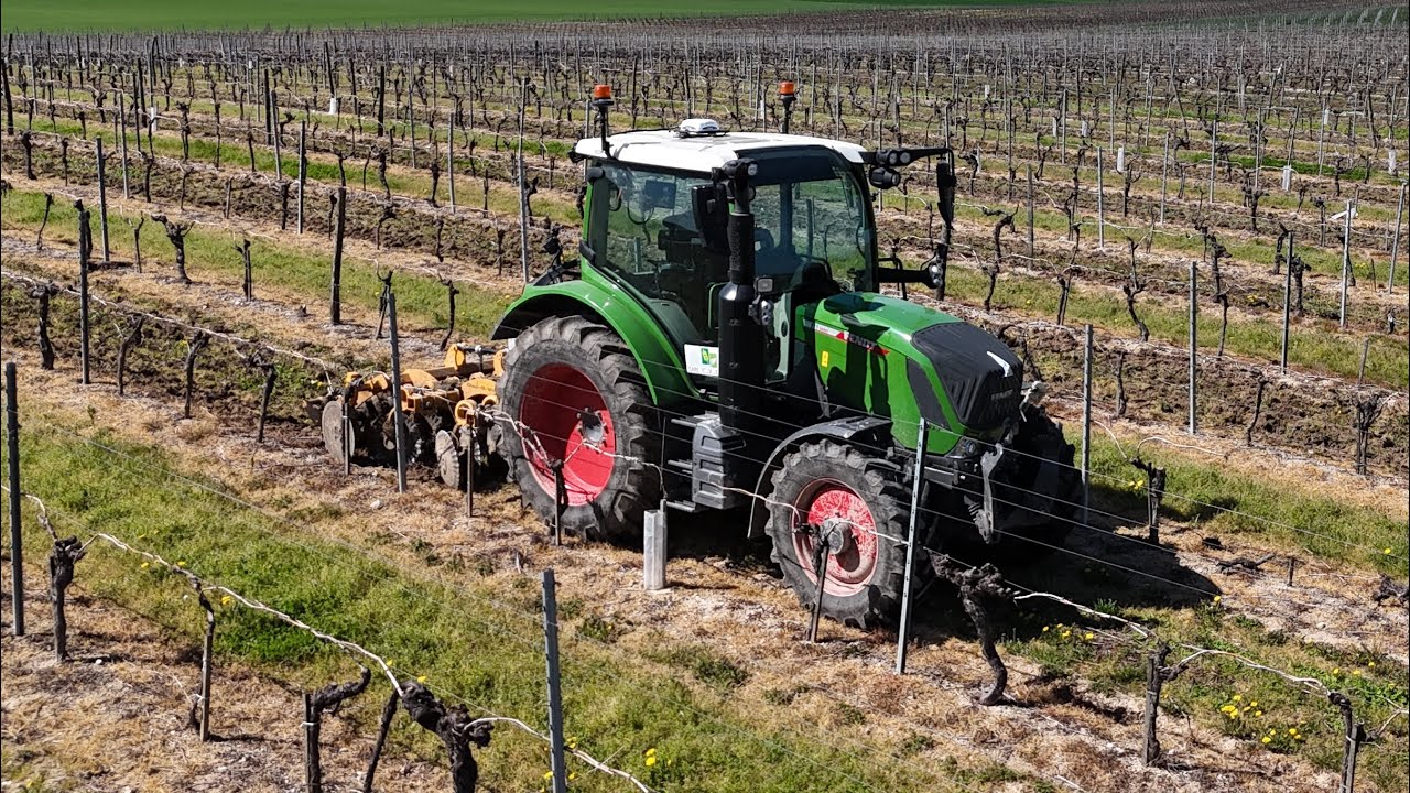 Travaux du sol dans les vignes avec un Fendt311&agrisem discomulch