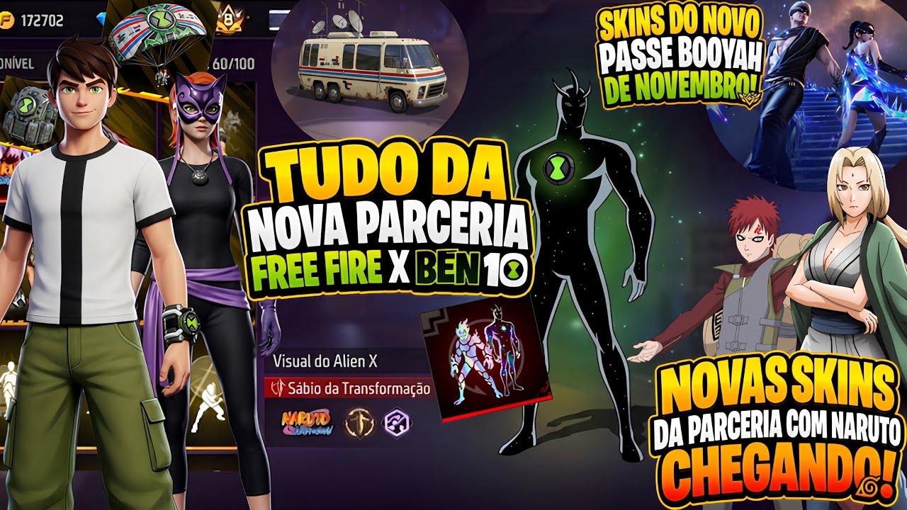 TUDO DA NOVA PARCERIA FREE FIRE X BEN 10!! NOVAS SKINS NARUTO, SKINS PASSE DE NOVEMBRO E MUITO MAIS!