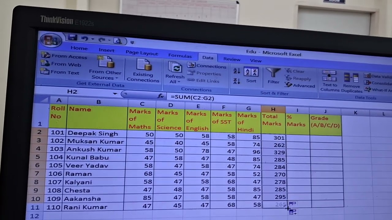 Set Validation in Students Marks between  0 to 100 & calculate Total Marks, % Marks, Grade in Excel