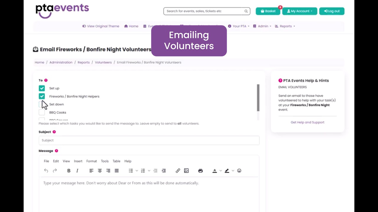 PTA Events Tutorials - How to send an email to your volunteers