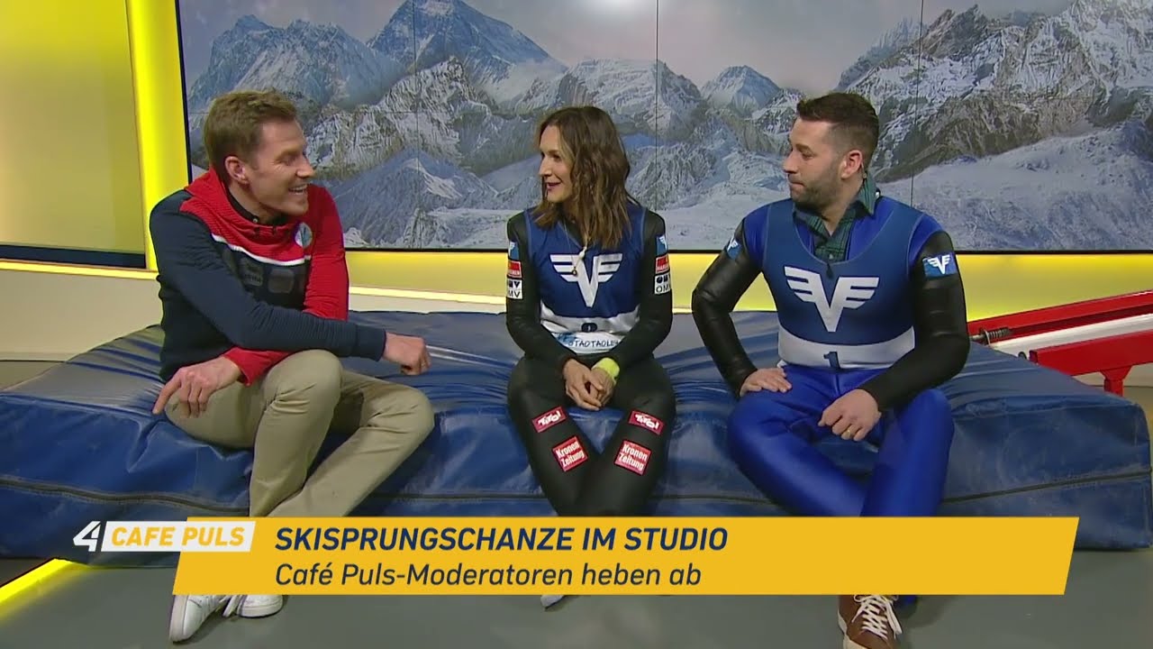 Barbara Flei&szlig;ner & Manolito Licha (PULS 4) probieren Skispringen