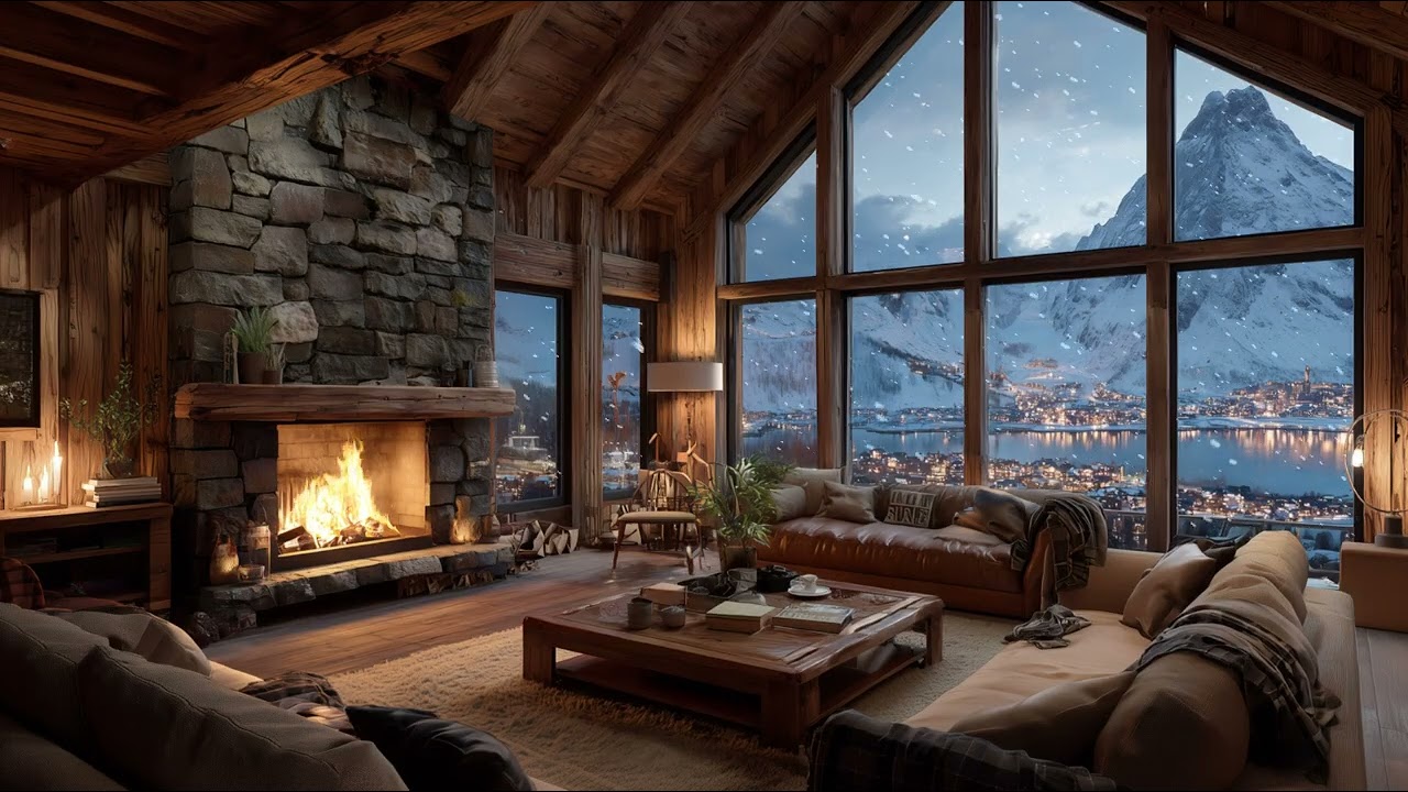 Alpine Snowstorm Cabin Ambience Relaxing Video ❄️ Cozy Fireplace & Mountain Lake View | 6 Hours
