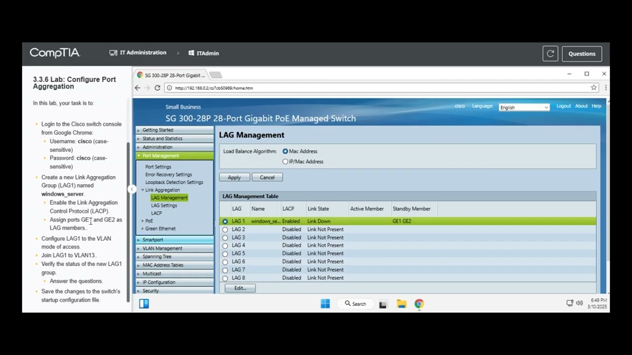Testout | Network + | 3.3.6 Lab: Configure Port Aggregation