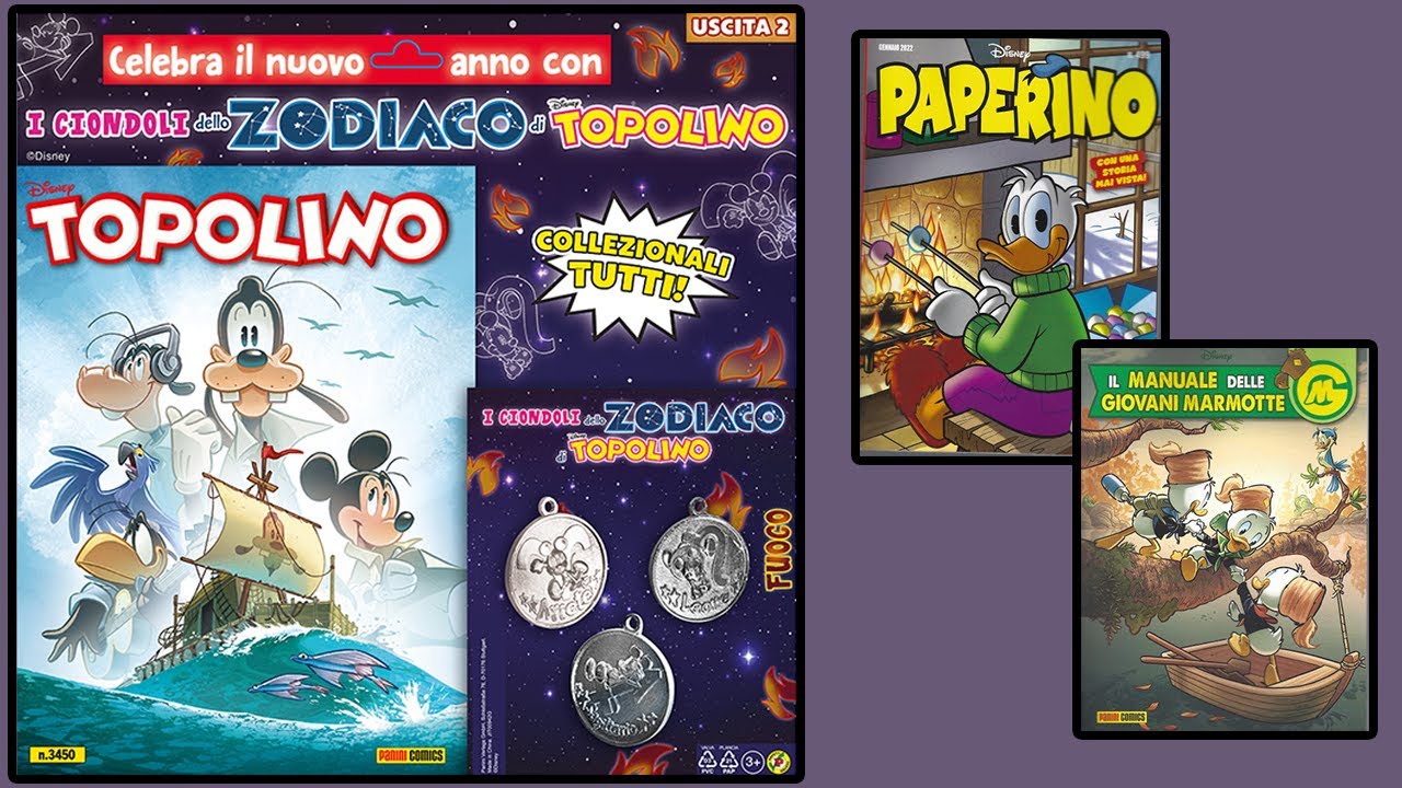 Topolino 3450 con 3 ciondoli dello Zodiaco + Paperino 499 + Giovani Marmotte 21