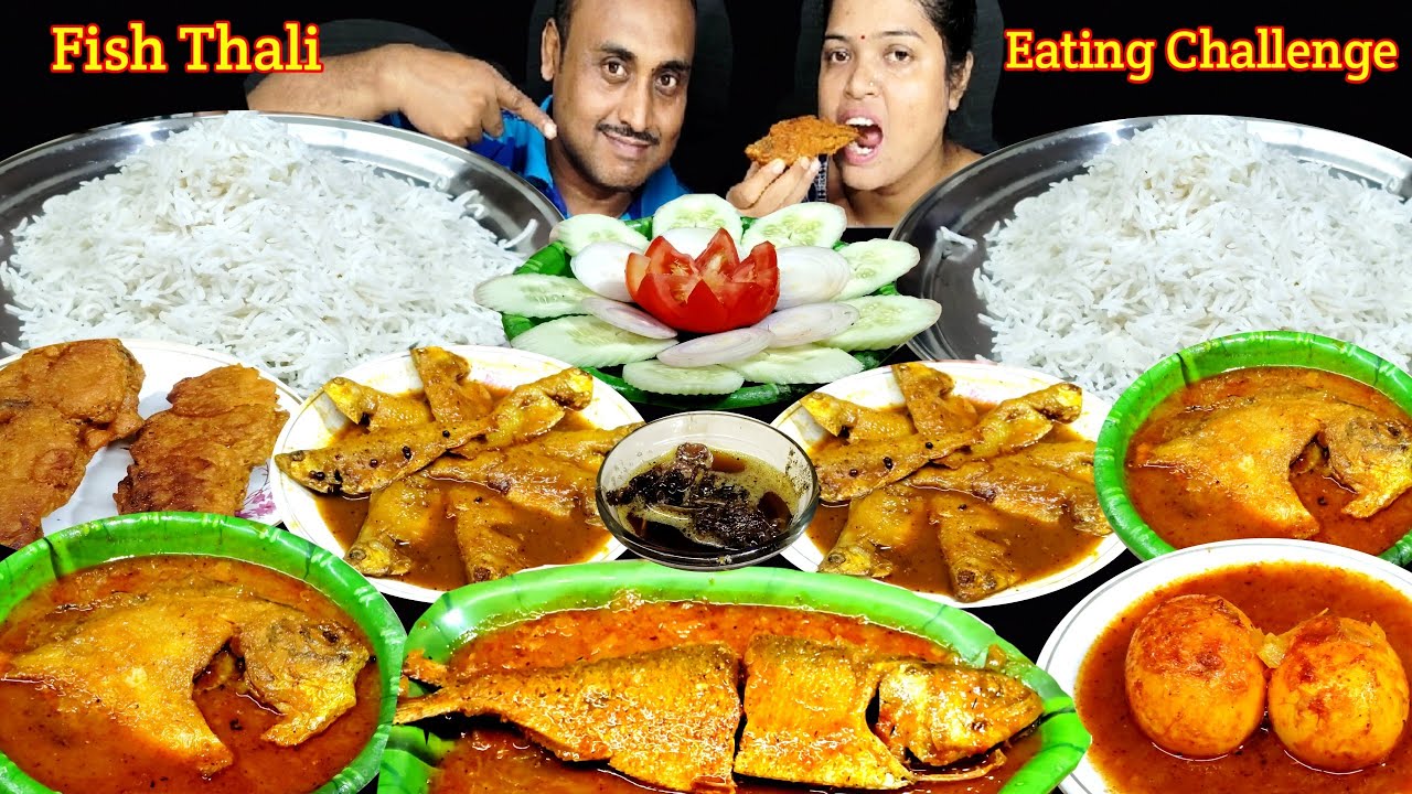 SPICY FISH CURRY LONG RICE EATING CHALLENGE HILSHA FISH CURRY POMFRET CURRY TOPSE FRY EGG CURRY 