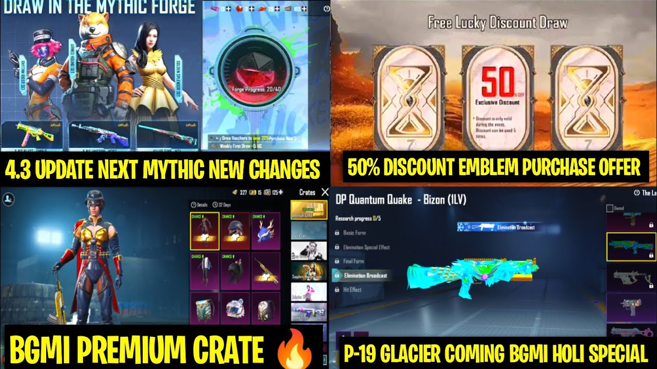 😍Bgmi Next Mythic Forge 4.3 Update | 50% Discount Emblem Purchase | Bgmi Premium Crate |P-19 Glacier