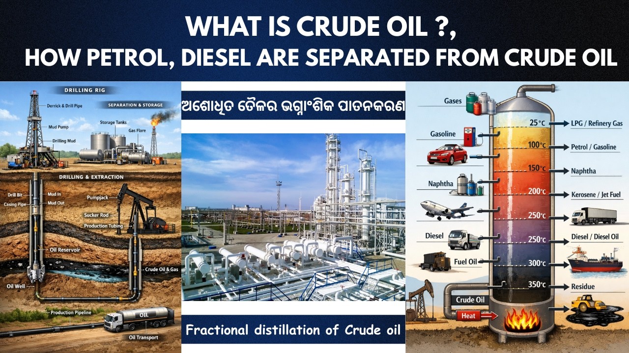 ଅଶୋଧିତ ତେଲ(CRUDE OIL) କ'ଣ?, ପେଟ୍ରୋଲ ଏବଂ ଡିଜେଲକୁ ଅଶୋଧିତ ତେଲରୁ କିପରି ପୃଥକ କରାଯାଏ?