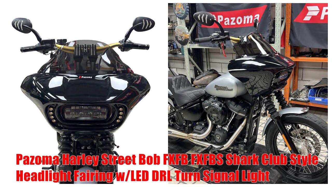 Pazoma Harley Street Bob FXFB FXFBS Shark Club Style Headlight Fairing w/LED DRL Turn Signal Light