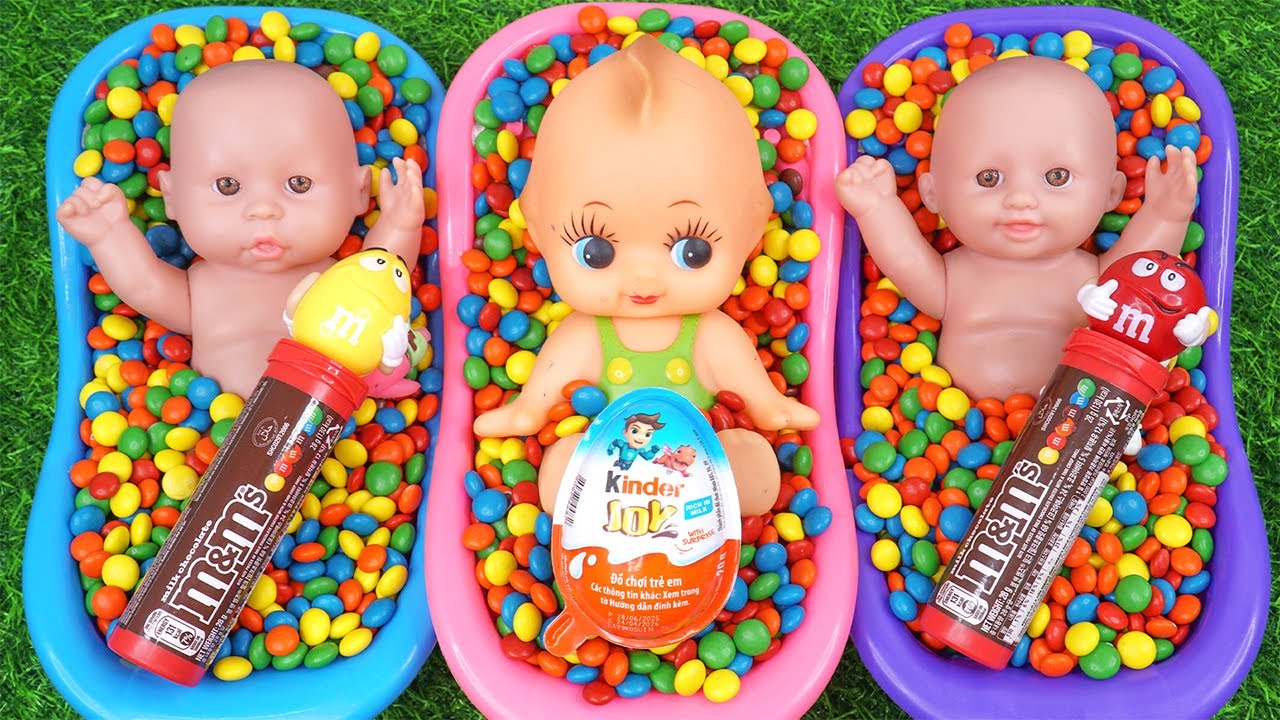 Full of 3 Rainbow BathTubs Candy with M&M's & Magic Slime Cutting Video