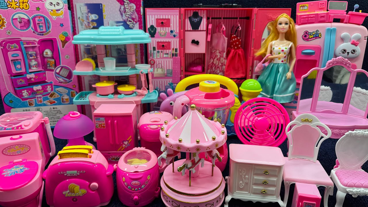 7-minute satisfactory unboxing, pink room assembly, kitchen toys, ASMR toy review