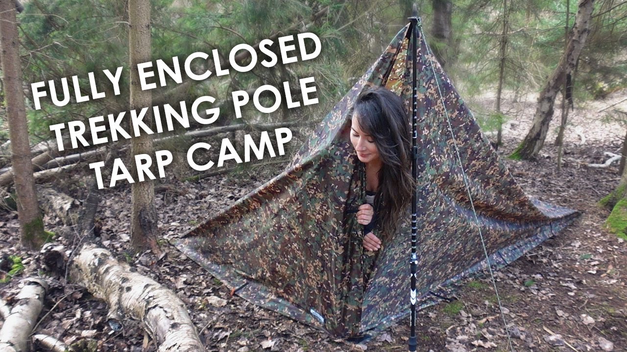 Camping in Fully Enclosed Trekking Pole Tarp + Cook Lamb on Firebox 🔥