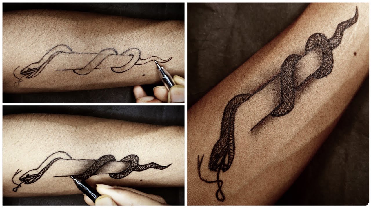 Making a simple snake tattoo 🐍 / Tattoo make with pen / Diy beautiful tattoo design 🤩