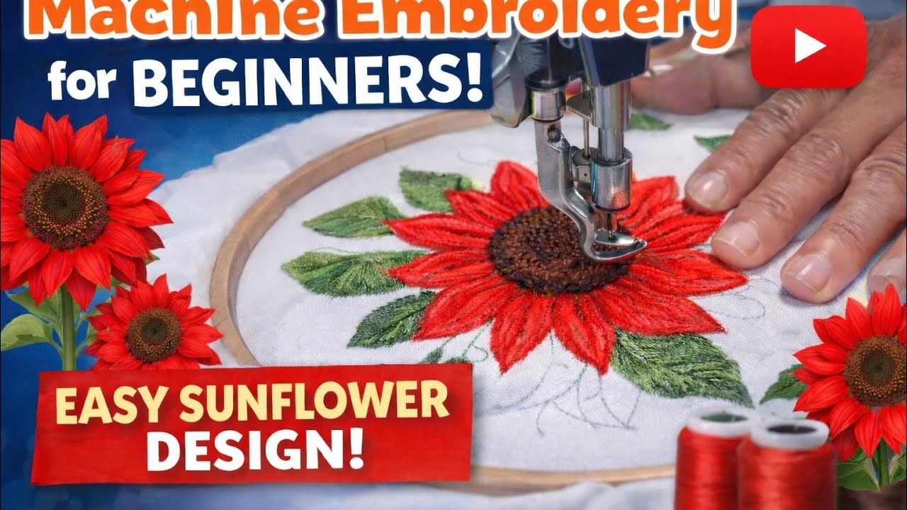 Embroidery machine design sunflower 🌻 design for beginner machine embroidery l industrial zigzag ma.