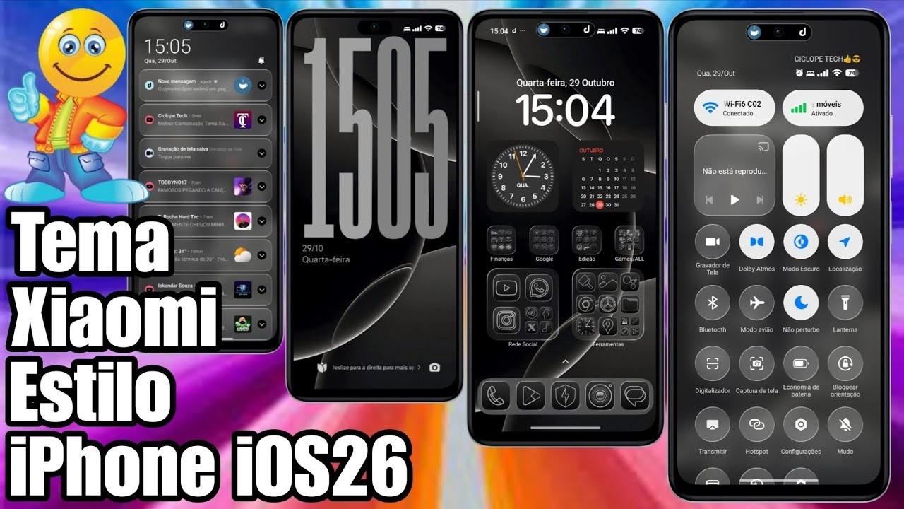 🔥 Tema Xiaomi HyperOs Estilo iPhone iOS26 Ícones Dark e Control Center Liquid Glass @CiclopeTech