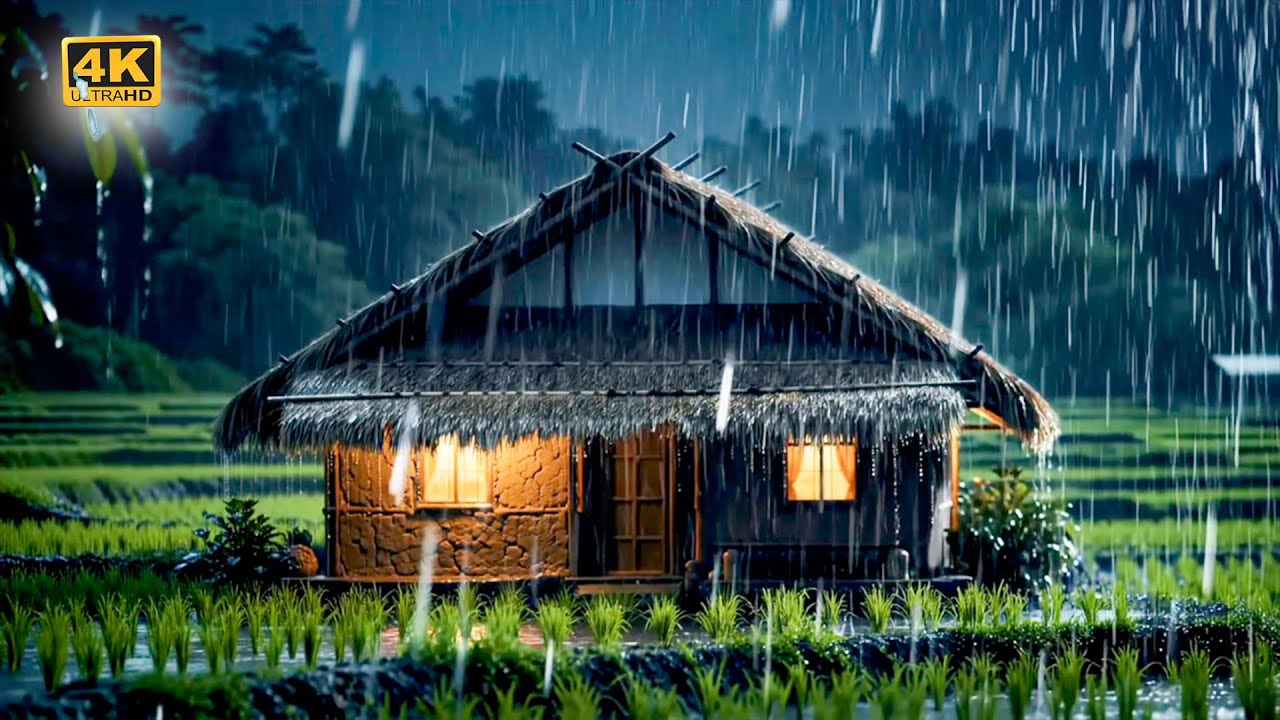 Heavy Rain on Thatched Roof Hut 🌧️ Rain Sounds for Sleeping & Insomnia Relief (Rice Field Ambience)