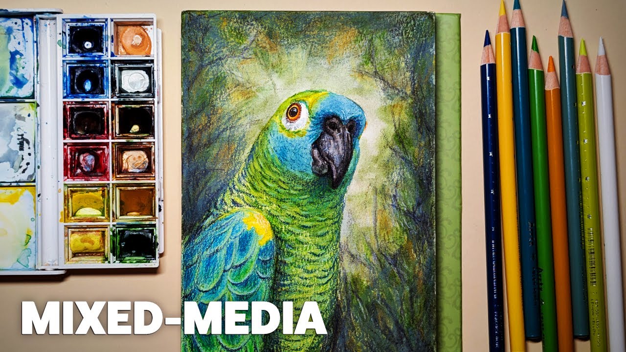 Parrot in Watercolor & Colored Pencils (No Talking)