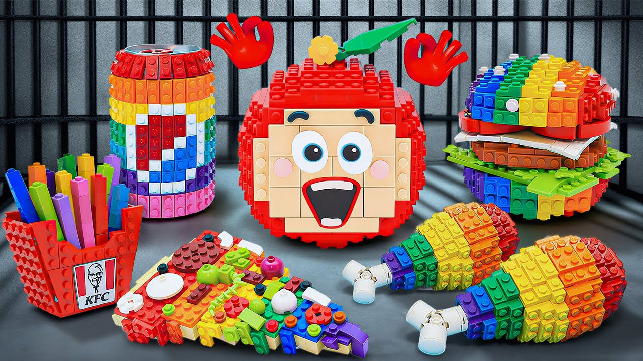 LEGO PRISON STORY - Rainbow Food Challenge & Fast Food IRL With Cocomelon | Coco Lego