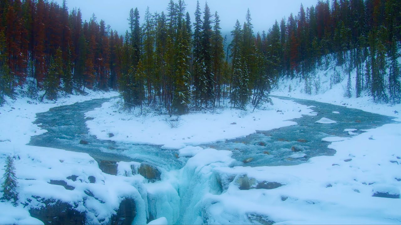 Frozen River Flow in Winter | Sunwapta Falls 4K Relaxing Nature Sounds - Ep 1