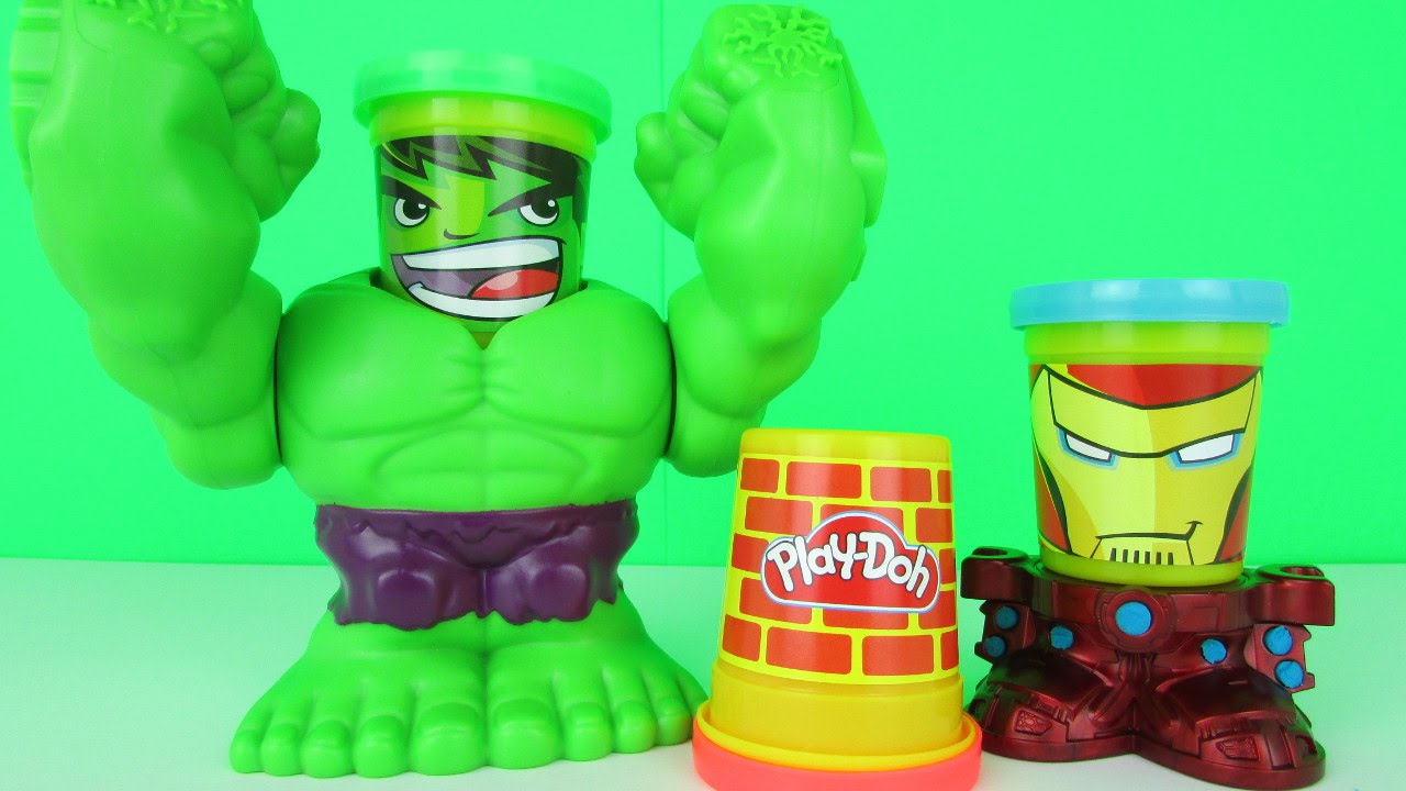 Play Doh MARVEL CAN HEADS Smashdown Hulk Playset Playdough 2015 Toys Iron Man Fights Hulk