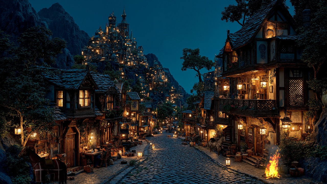 Cozy Medieval Town at Night 🏰 Tavern Street Ambience with Fireplace Sounds, Crickets Sounds