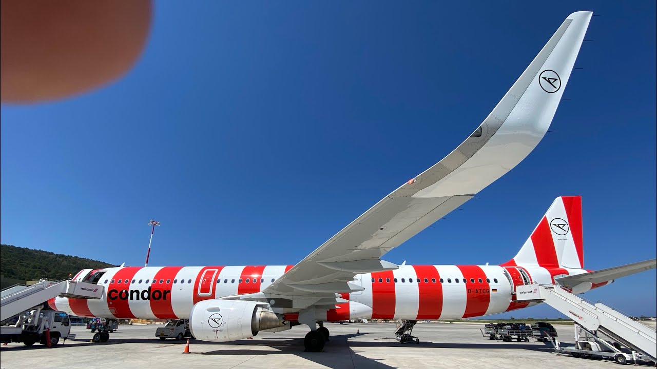 Mit dem Condor A321-211 rot gestreift D-ATCG von Rhodos nach Frankfurt am Main