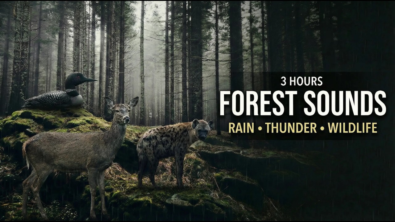 Forest Ambience 🌲 Day to Night | Rain, Thunder 🌧️⛈️ & Wild Animal 🦉🦌 Sounds (3 Hours)