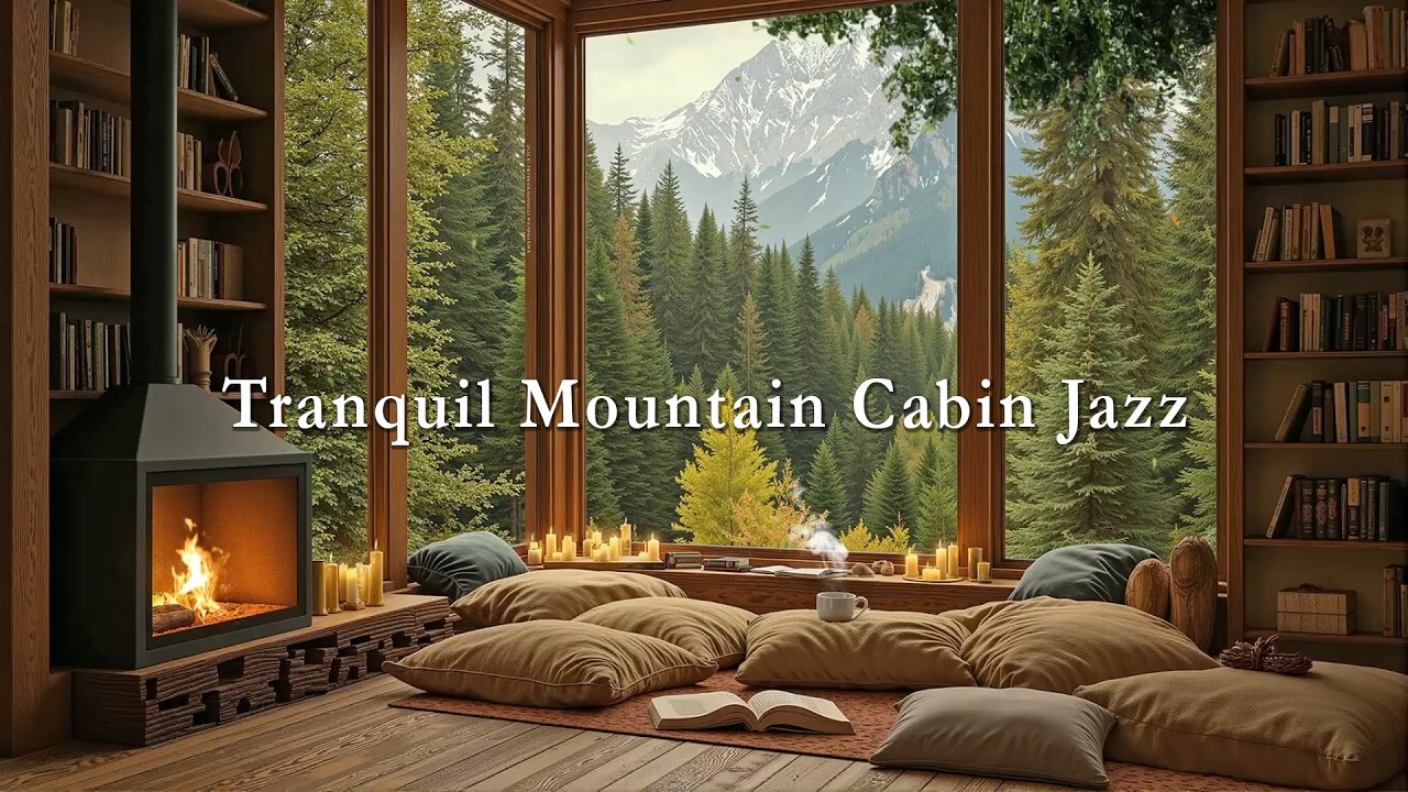 Tranquil Mountain Cabin Jazz ☕ Candlelight, Warm Fireplace & Relaxing Forest View Ambience
