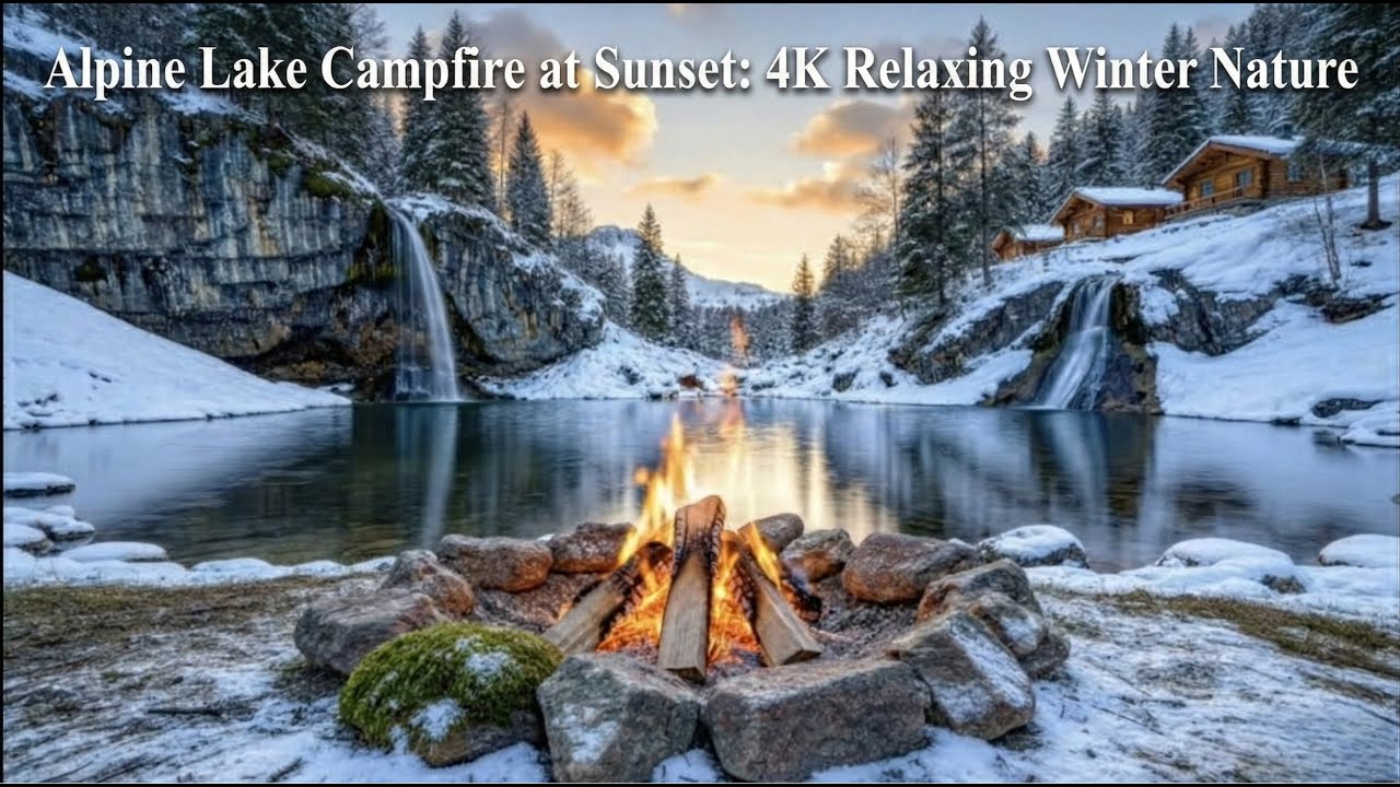 Crackling Fire & Winter Wonder ❄️ Frozen Lake, Mountains & Serene Solitude
