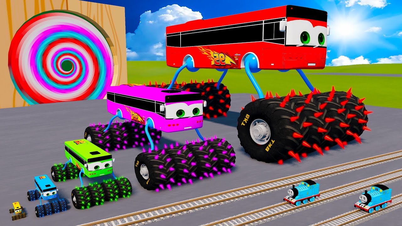 Big & Small Monster McQueen Spider Bus VS Thomas Trains - Long Cars vs Speedbumps - BeamNG.drive