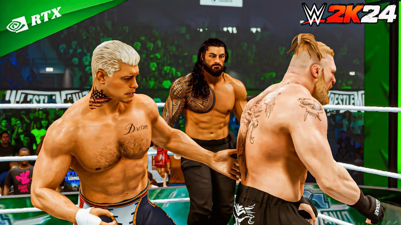 WWE 2K24 - Brock Lesnar vs Roman Reigns vs Cody Rhodes | Triple Threat Extreme Rules [4K60]