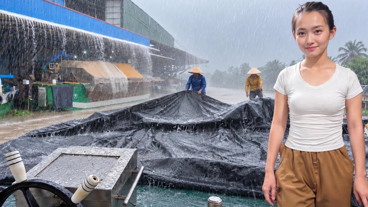 Overcoming Extreme Rain, a Female Captain Protects Her Rice Cargo on a Busy Canal