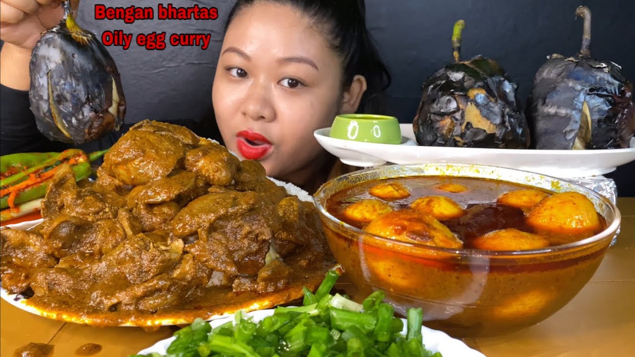 SPICY CHICKEN LIVER & GIZZARD CURRY, BENGAN BHARTA WITH LOT’S OF OILY EGG CURRY MUKBANG | BIG BITES