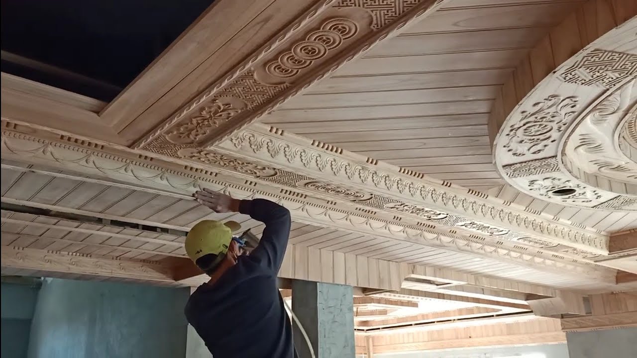 Trần gỗ đẹp, công đoạn bắn phào cấp công và chỉ
