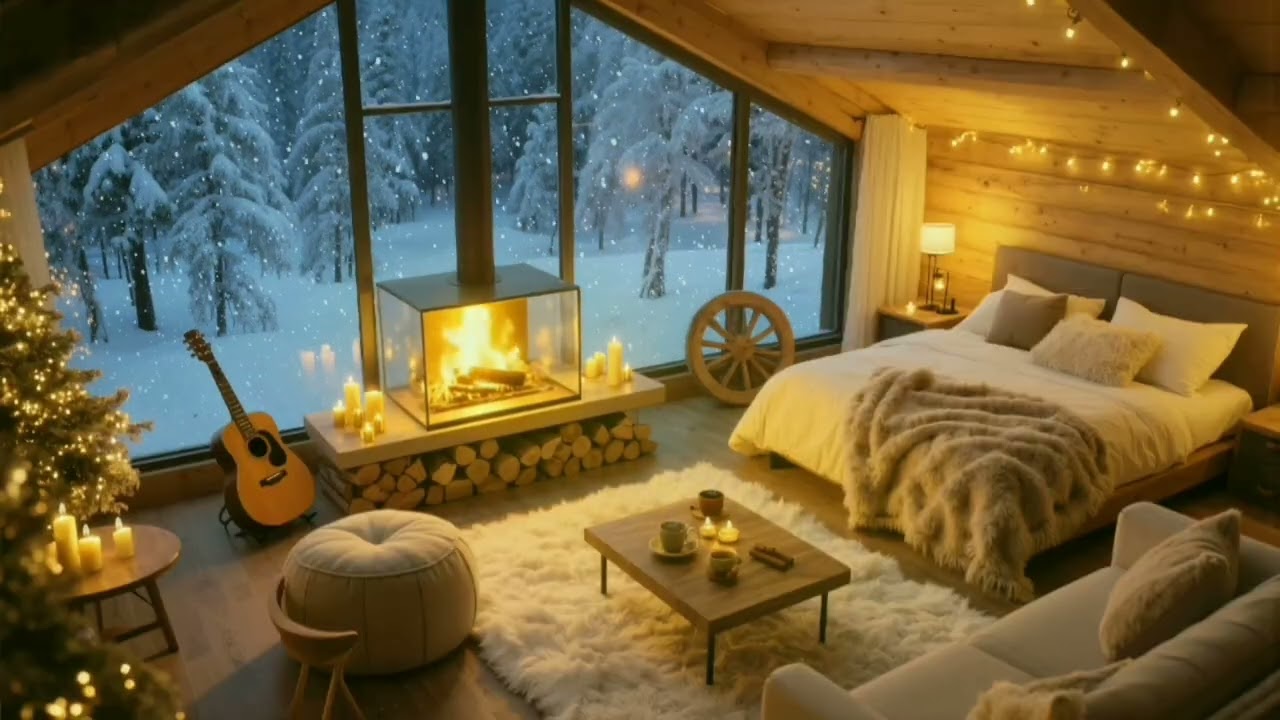 Winter Cabin at Night ❄️ Fireplace Sounds for Sleep, Relax & Stress Relief