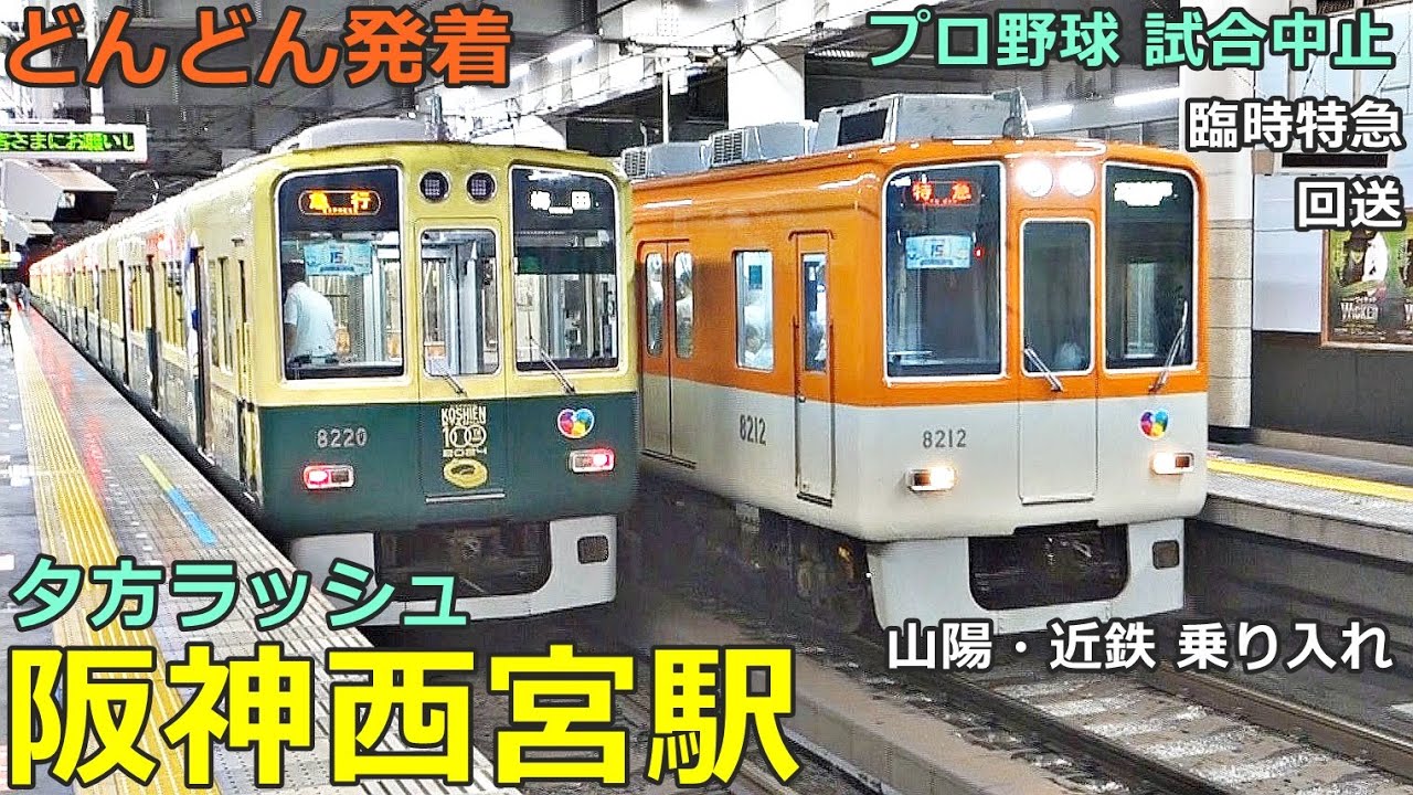 阪神西宮駅 6🚃どんどん電車が発着！●臨時特急の回送、直通特急、特急、快速急行、急行 等／夕方ラッシュ 阪神本線（山陽・近鉄乗り入れ）