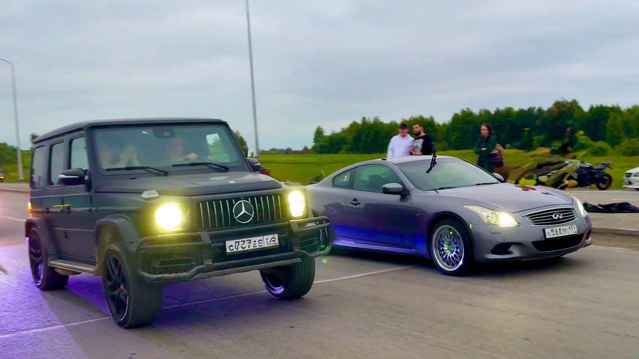Infiniti G37 против G63 AMG и Golf R + Dodge Challenger 5.7 R/T v Subaru WRX Sti