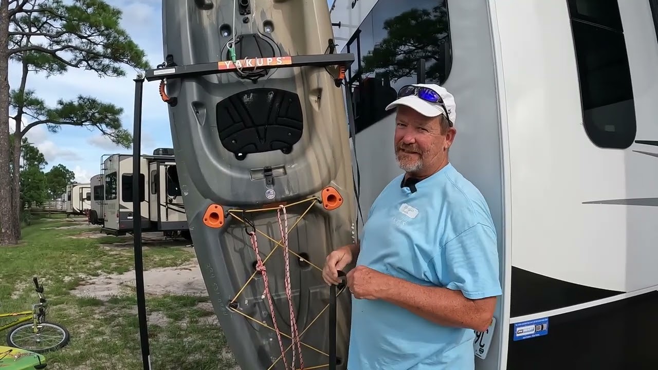 Loading our Kayaks and Bikes on our 5th Wheel Rack