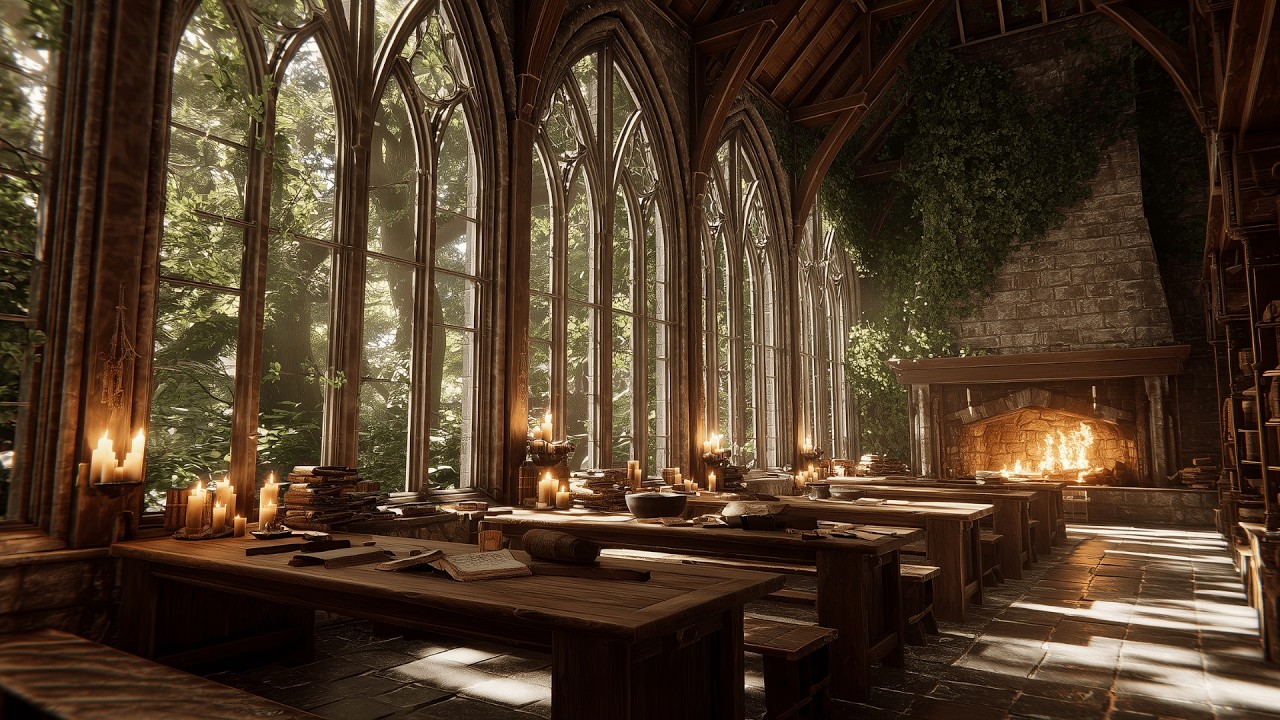 Sunlit Scriptorium | Gentle Medieval Ambient Music with Cozy Fire for Relaxation, Study & DnD